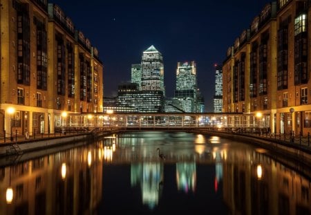 walkway over canal in a city at night - lights, city, walkway, canak, night