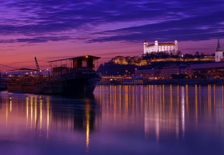 beautiful castle above city riverside - hill, river, ships, dusk, city, castle