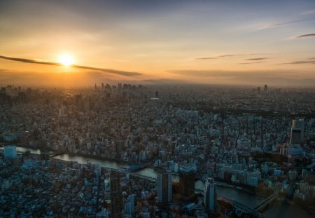 unbelievable urban blanket under sunset - urban, river, city, sunset, bridge