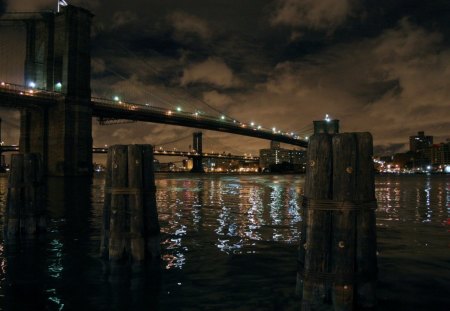 nyc bridges in the middle of night - clouds, river, bridges, pylons, city, night, reflection