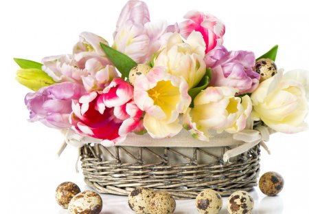 *** Basket of spring *** - eggs, nature, easter, tulips, flowers, basket, still life, spring