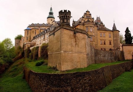 wonderful frydlant castle in the czech republic - hill, grass, stone wall, castle