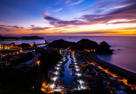 fantastic on shore marina at dusk - marina, shore, sunset, town, sea