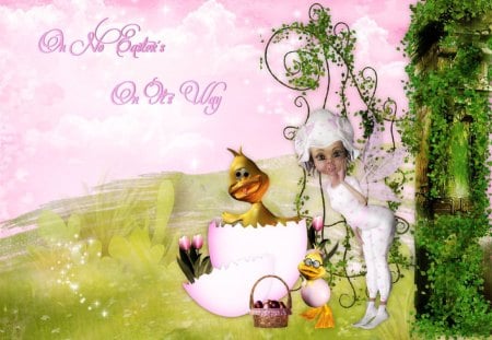 Oh No Easters On Its Way - duck, easter, bunny, spring, rabbit, pink, chicks, holiday, green