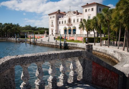 beautiful mansion on a waterfront - trees, mansion, waterfront, dock pylons