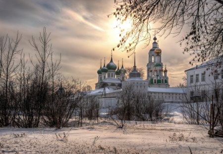 amazing orthodox churches in winter - domes, sky, trees, churches, winter