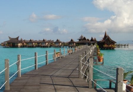 a pier to a bungalow resort in paradise - bungalows, sea, reort, pier