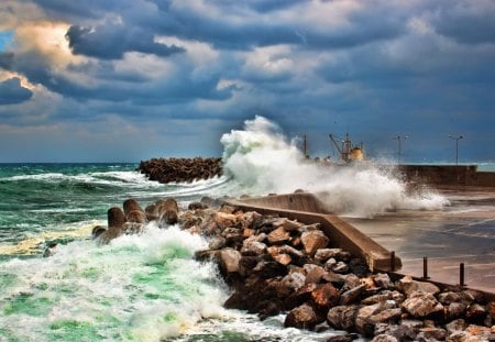 waves smashing on a rocky sea breaker hdr - clouds, hdr, waves, sea, breaker, rocks