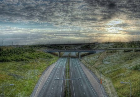 bridges on the road - grass, road, bidges, clouds