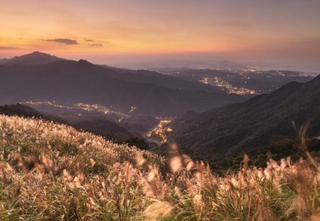 mountains and villages - villages, lights, mountain, grass