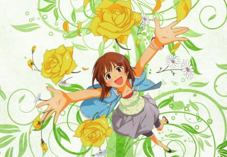 ~Hagiwara Yukiho~ - yellow roses, joy, flowers, daisies, anime, girl, idolmaster, hagiwara yukiho