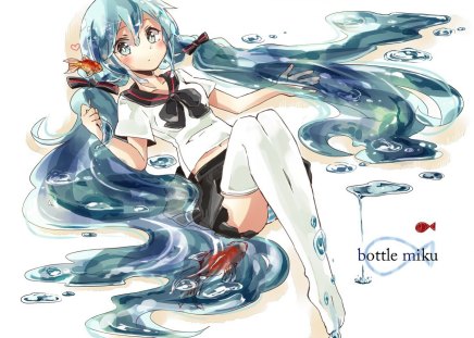 ~Bottle Miku~ - vocaloid, anime, water, bows, hatsune miku, fish, uniform, blue eyes