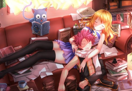 Happy Time Story - anime, female, book, room, blonde, guy, blond hair, long hair, happy, boy, male, short hair, red hair, blond, lucy, sleeping, living room, anime girl, girl, blonde hair, fairy tail, love, natsu, handsome, redhead, sleep, lover, couple