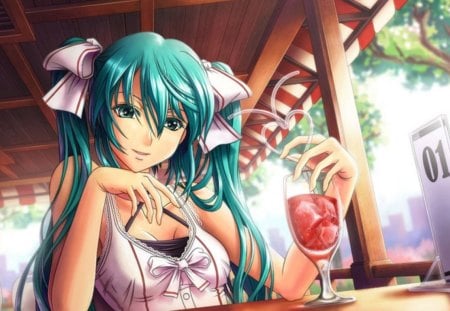 Hot Sunny Day - nice, female, hot, straw, sundress, anime girl, pretty, table, anime, blouse, miku, ribbon, cute, hatsune miku, sexy, girl, twintails, cocktail, lovely, hatsune, vocaloids, long hiar, green eyes, vocaloid, sweet, green hair, dress