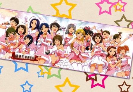 ~Idolmaster~ - girls, cheering, stars, pink outfits, music, anime, idolmaster, colorful