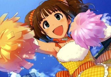 ~The Cheerleader~ - sky, cheerleader, cheering, girl, idolmaster, pom poms, ponytails, clouds, anime, uniform