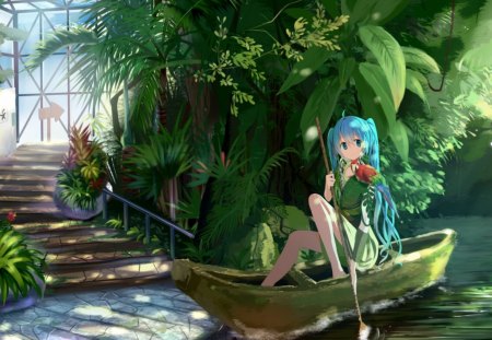 Hatsune Miku - anime, vocaloid, female, boat, hatsune miku, plant, long hair, staircase, anime girl, water, twintails, hot, girl, flower, river, miku, cute, stair, hatsune, floral, sexy, vocaloids