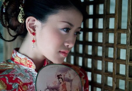 Chinese Model. - earrings, red, woman, dress