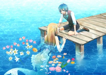 Mermaid Romance - lover, anime girl, scale, petals, romance, long hair, floral, romantic, mermaid, beautiful, sweet, sea, happy, guy, nice, beauty, female, water, pretty, anime, short hair, handsome, love, male, tail, ocean, couple, girl, lovely, boy, blossom, smile, flower