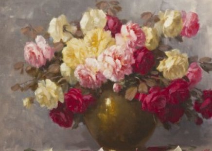 Bouquet of roses by Adrienne Henczne Deak - red, flower, rose, pink, bouquet, vase, yellow, still life, art, adrienne henczne deak, painting