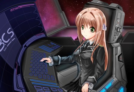 Battle Command - anime, anime girl, female, hot, futuristic, girl, long hair, future, uniform, braids, digital, computer, cute, technologies, technology, sexy