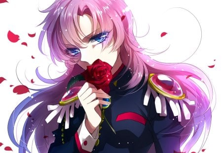 Utena - anime, female, long hair, uniform, plain, pink hair, blue eyes, anime girl, hot, girl, simple, flower, petals, utena, white, rose, cute, floral, sexy, revolutionary girl utena