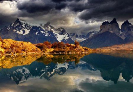 Reflections - pretty, quiet, reflections, mountain, calmness, shore, riverbanl, cliffs, lake, nice, sky, clouds, beautiful, lovely, darkness, peaks, lakeshore, river, nature, tranquility, serenity