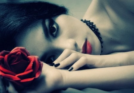 Beautiful Girl with Red Rose - girl, rose, people, red