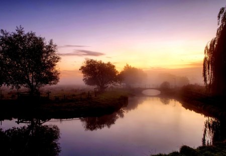 MORNING RIVER  VIEW - morning, landscape, trees, orazhenie, willow, river, fog, bridge, the surfac