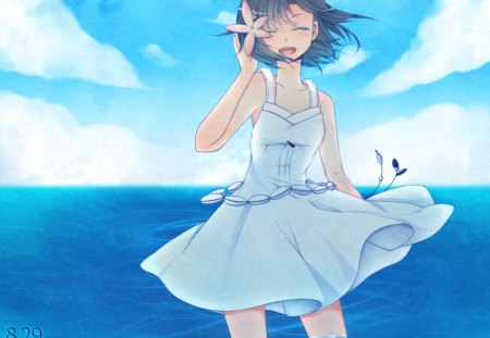 Hi, It's Nice To See You!! - clouds, anime, water, girl, sea, ocean, lovely, short hair, white dress, smile, sky