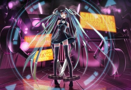 Sadistic Miku - Vocaloid, Music, singer, girl, Anime, Miku, blue hair, Twin tails, Sadistic, Sadist, Hatsune, Factory