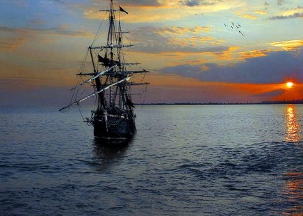 Tall Ship at Sunset - Ocean, Sunset, Water, Ship