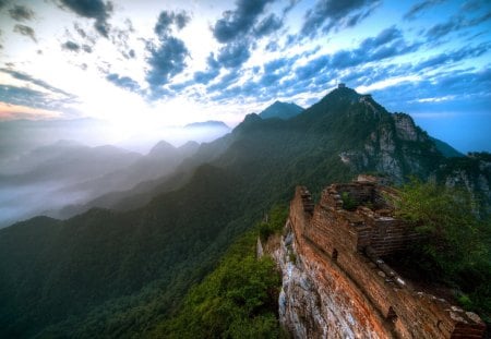 ruins on a mountain peak in morning fog - ruins, fog, mountains, sunrise, peaks