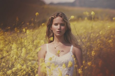 jennifer - alone, women, field, yellow, sad