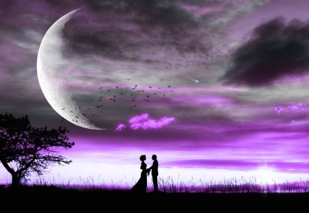 Young at Heart - moon, fantasy, purple, couple