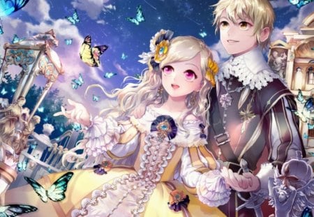 Milady de Butterfly - pretty, female, wing, romantic, romance, happy, blond, nice, house, gown, hot, beauty, love, wings, butterfly, cute, sexy, building, anime, legant, kawaii, dress, blonde, blond hair, long hair, short hair, gorgeous, sky, anime girl, beautiful, girl, blonde hair, lovely, sweet, smile, cloud, lover, couple