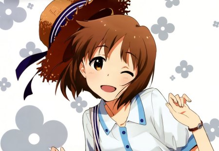 Hello!! - hat, flowers, short hair, idolmaster, anime, wink, brown hair, Hagiwara Yukiho