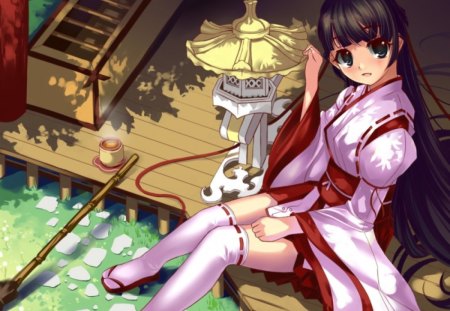 Little Shrine - cute, shrine, hot, anime, yukata, anime girl, girl, shadow, shade, long hair, sexy, female, kimono