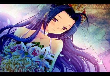 ~The Beautiful Bride~ - wedding, choker, beautiful, flowers, veil, bouquet, bride, long hair, idolmaster