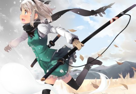 Konpaku Youmu - anime, female, scenery, windy, scene, white hair, leaves, mountain, short hair, touhou, view, weapon, konpaku youmu, sky, breeze, hill, anime girl, spirit, hot, girl, sword, scenic, blade, wind, cloud, cute, sexy