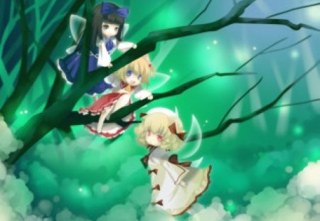 Touhou Fairy - nice, star sapphire, female, wings, luna child, anime girl, fantasy, touhou, pretty, branche, anime, green, ribbon, cute, short hair, branches, girl, adorable, long hair, lovely, kawaii, wing, sweet, fairy, sunny milk, dress, adore