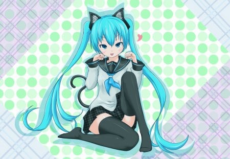 ~Kitty Miku~ - anime, vocaloid, ears, hatsune miku, tail, long hair, cat, blue hair, ponytails