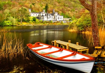 Kylemore abbey - nice, autumn, trees, quiet, reflection, calmness, pretty, river, castle, boat, lake, ireland, mountain, shore, lovely, serenity, kylemore abbey, beautiful