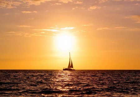 sailboat at sunset - sunset, water, sun, sailboat