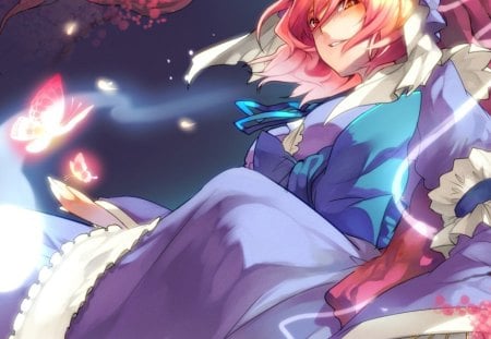 Saigyouji Yuyuko - female, hot, magic, wings, anime girl, saigyouji yuyuko, touhou, sparks, anime, tree, cute, short hair, sexy, girl, light, night, glow, butterfly, wing, pink