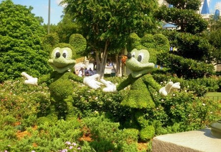 mickey and minnie - mickey, park, green, grass