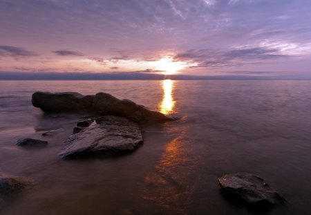 Sunset Reflection - sky, rocks, pretty, water, reflections, sunset, sea, ocean