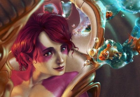 Mermaid - woman, girl, water, red hair, fantasy, bubble, underwater, face, mermaid, pink, blue, fish, orange, green, golden