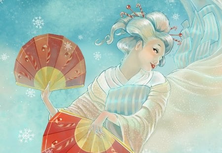 Dancing with the snowflakes by Natalie Ratkovski - woman, beauty, sky, fan, korean, japanese, painting, white, art, yellow, natalie ratkovski, girl, dance, winter, snowflakes, red, blue, chinese