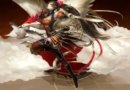 Crane Warrior - nice, beauty, sky, female, hot, knight, wings, anime girl, blade, fantasy, armor, pretty, cloud, anime, feather, sword, fantasy girl, cute, fly, sexy, girl, warrior, long hair, crane, lovely, bird, flying, wing, beautiful, weapon, sweet, float